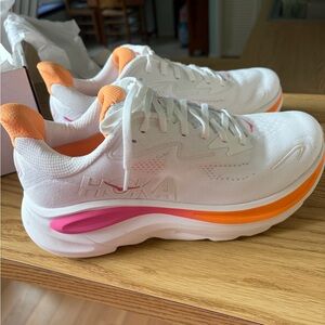 Hoka One One Women's White Shoes with Pink and Orange Accents